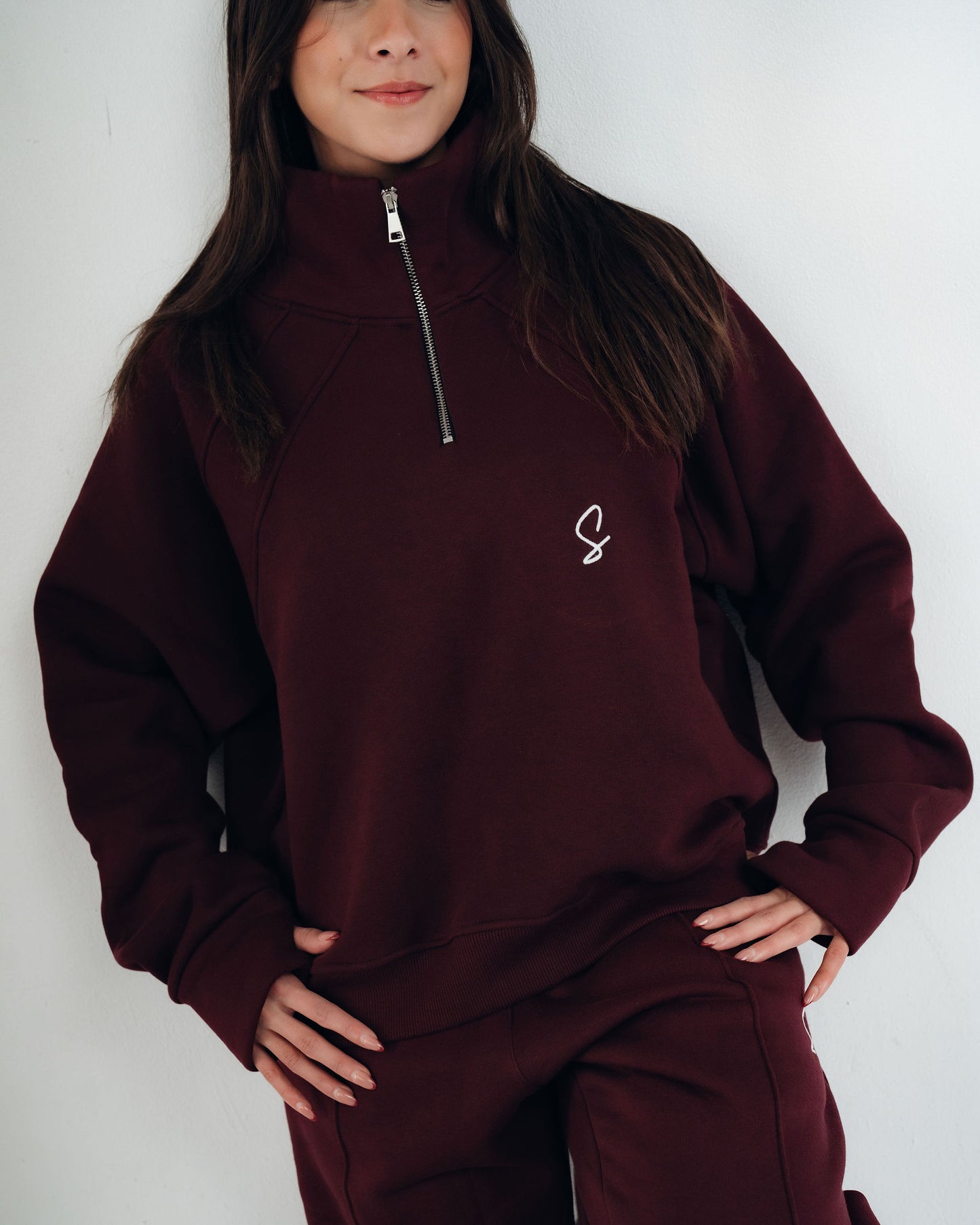 OVER-SIZED SWEATSHIRT HALF ZIPPER ( Burgundy )