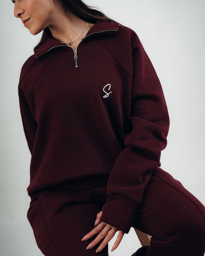 OVER-SIZED SWEATSHIRT HALF ZIPPER ( Burgundy )